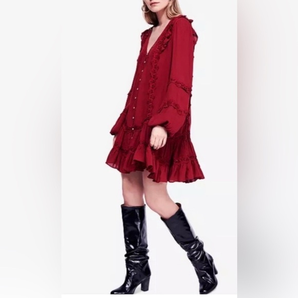 Free People Snow Angel mini boho maroon oversized shapeless dress Elegant SZ/L - Picture 2 of 13